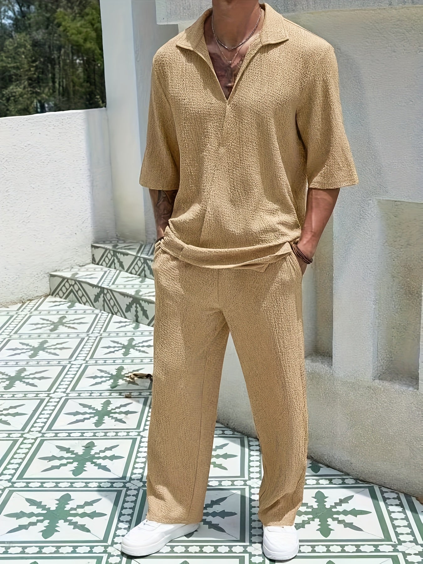 Men'S Casual Summer Polyester T-Shirt and Pants Set - Light Blue, V-Neck Tee with Short Sleeves &amp; Matching Pants, Casual Attire|Vneck Casualwear|Stretchy Fabric