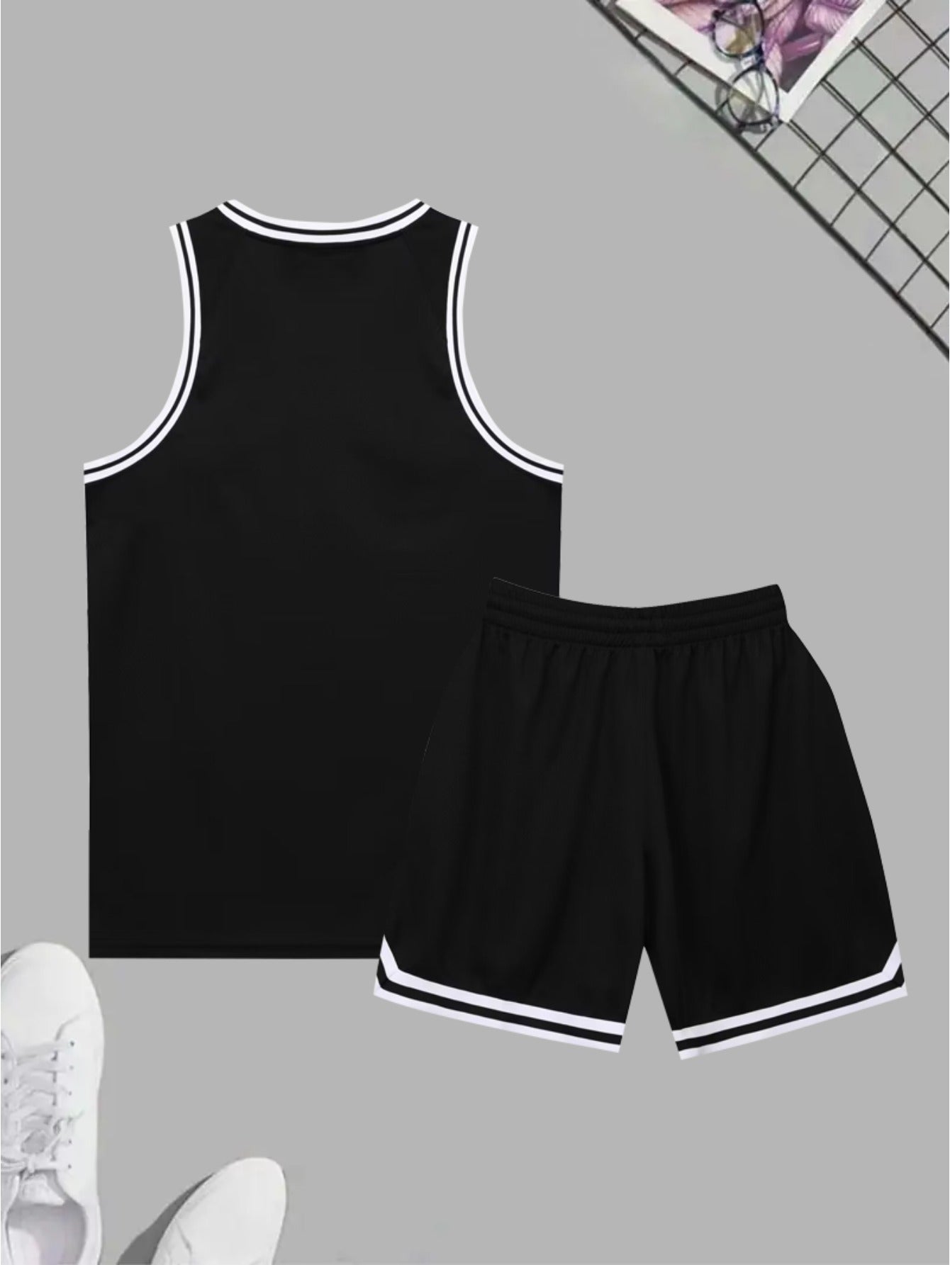 3 Sets Men'S Summer Sports Crew Neck Polyester Round Neck Basketball Print Short Sleeve Workout Top + Shorts Set for Men