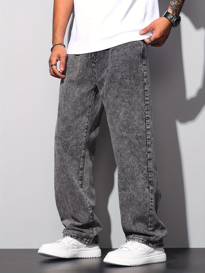 1pc American High Street Loose Jeans, Vintage Snowflake Washed Wide Leg Pants, Unisex Without Belt/Without Hanging