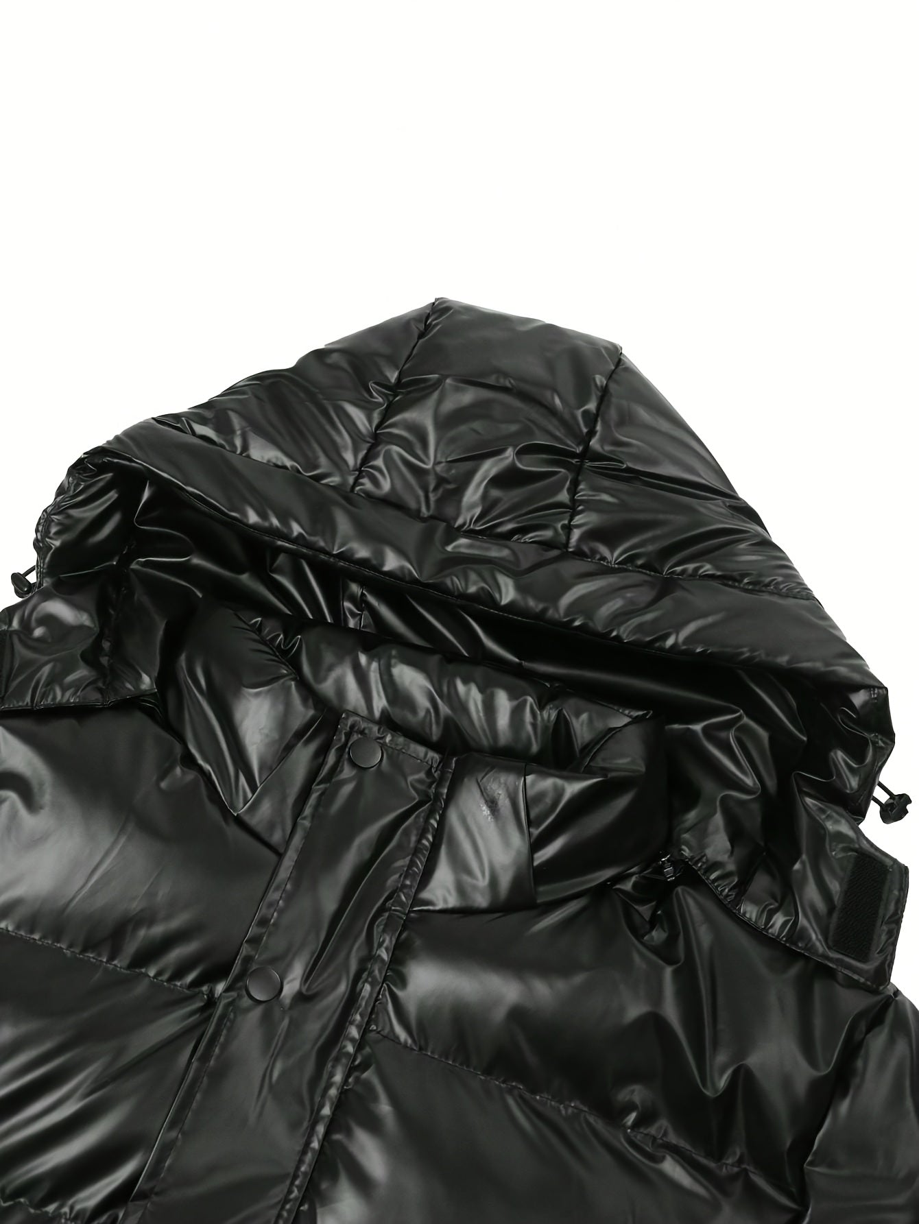 Men's Glossy Black Winter Hooded Jacket - Thermal Insulated Polyester Coat with Elastic Cuffs, Multiple Pockets &amp; Regular Fit for Cold Weather, Winter Jacket