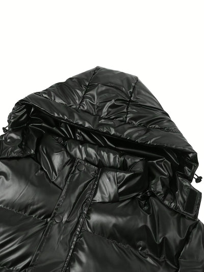 Men's Glossy Black Winter Hooded Jacket - Thermal Insulated Polyester Coat with Elastic Cuffs, Multiple Pockets &amp; Regular Fit for Cold Weather, Winter Jacket