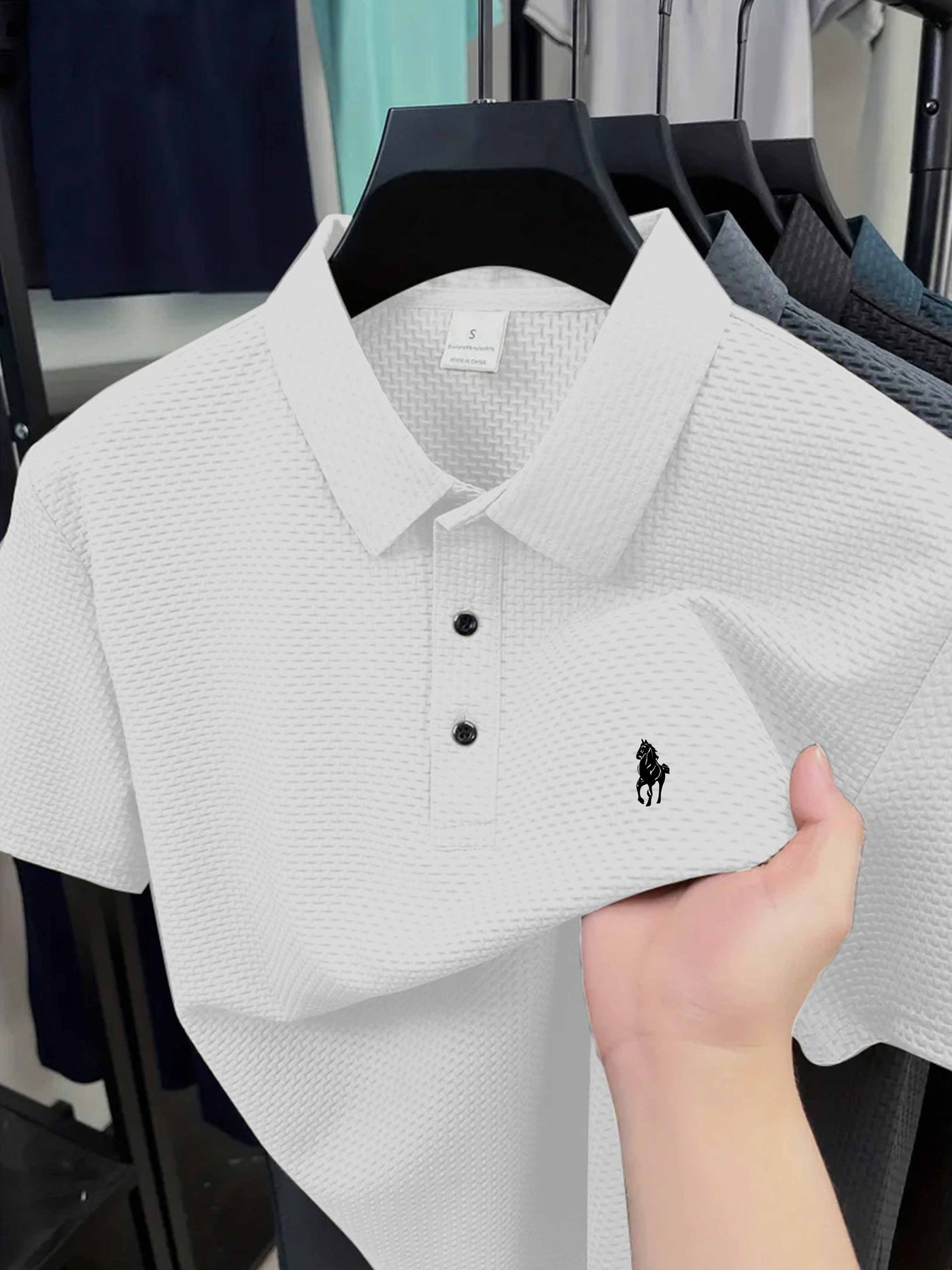 Men'S Casual Golf Shirt with Geometric Print, Lightweight Knit Fabric, Regular Fit, Short Sleeve, Button-Up Collar, Summer Wear, Golf Shirt