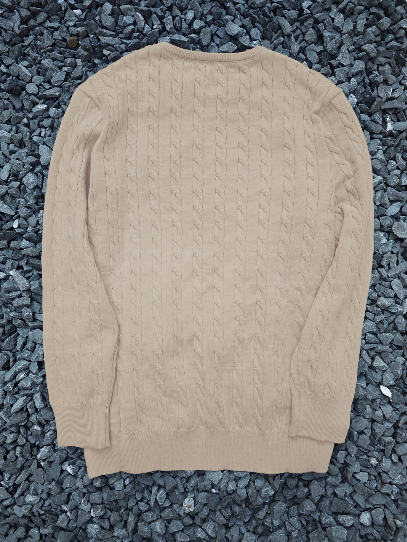 Men's Casual Cable-Knit Sweater with Black Horse Embroidery - Beige Round Neck Pullover, Medium Stretch, Regular Fit for Autumn/Winter, Knit Sweater, Winter Pullover, Simple Elegant Design, Comfortable Texture, Detail