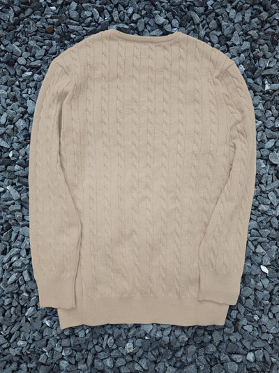 Men's Casual Cable-Knit Sweater with Black Horse Embroidery - Beige Round Neck Pullover, Medium Stretch, Regular Fit for Autumn/Winter, Knit Sweater, Winter Pullover, Simple Elegant Design, Comfortable Texture, Detail