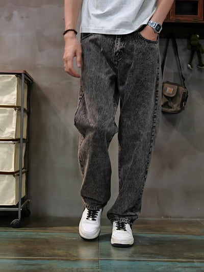1pc American High Street Loose Jeans, Vintage Snowflake Washed Wide Leg Pants, Unisex Without Belt/Without Hanging