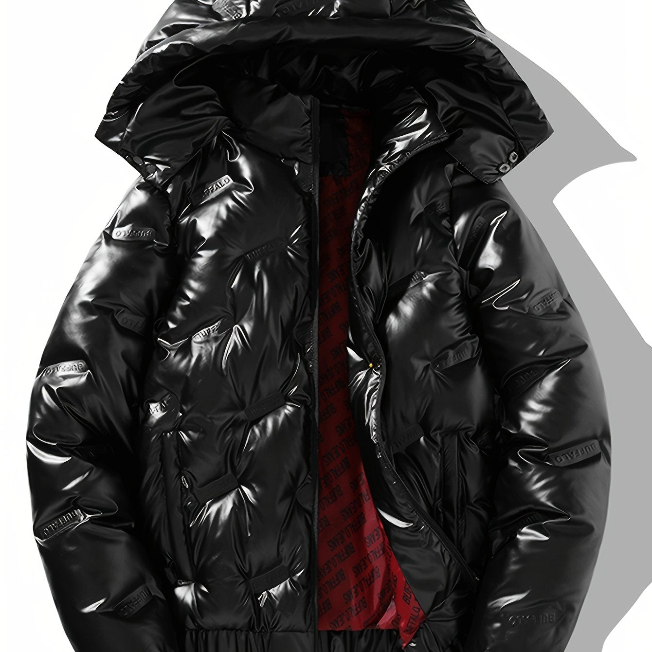 Men'S Black &amp; Golden Glossy Clothes with Detachable Hood - Casual Zip-Up Coat, Polyester, Regular Fit, Pockets, Hats for Men