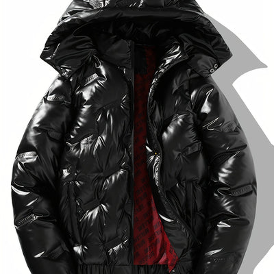 Men'S Black &amp; Golden Glossy Clothes with Detachable Hood - Casual Zip-Up Coat, Polyester, Regular Fit, Pockets, Hats for Men