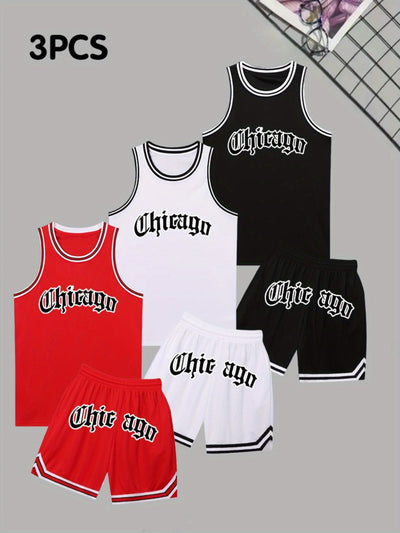 3 Sets Men'S Summer Sports Crew Neck Polyester Round Neck Basketball Print Short Sleeve Workout Top + Shorts Set for Men