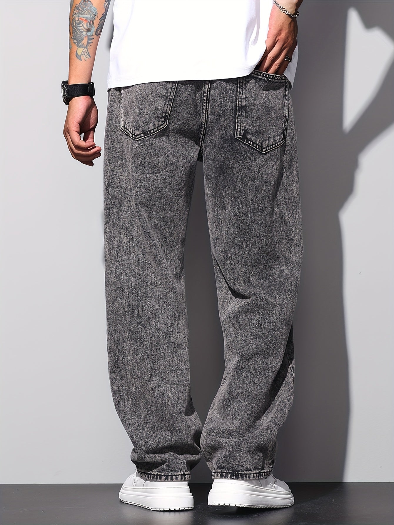 1pc American High Street Loose Jeans, Vintage Snowflake Washed Wide Leg Pants, Unisex Without Belt/Without Hanging