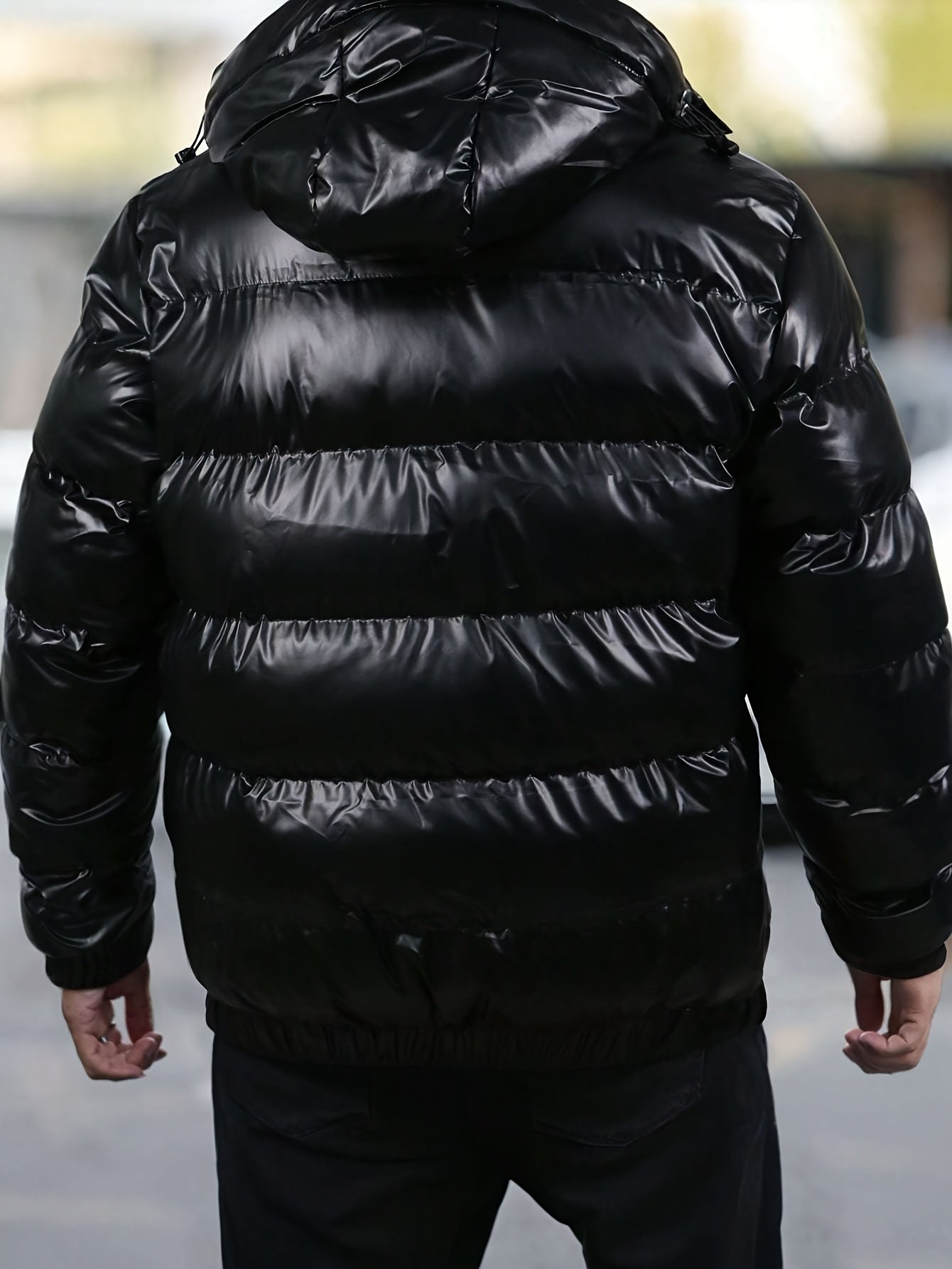 Men's Glossy Black Winter Hooded Jacket - Thermal Insulated Polyester Coat with Elastic Cuffs, Multiple Pockets &amp; Regular Fit for Cold Weather, Winter Jacket