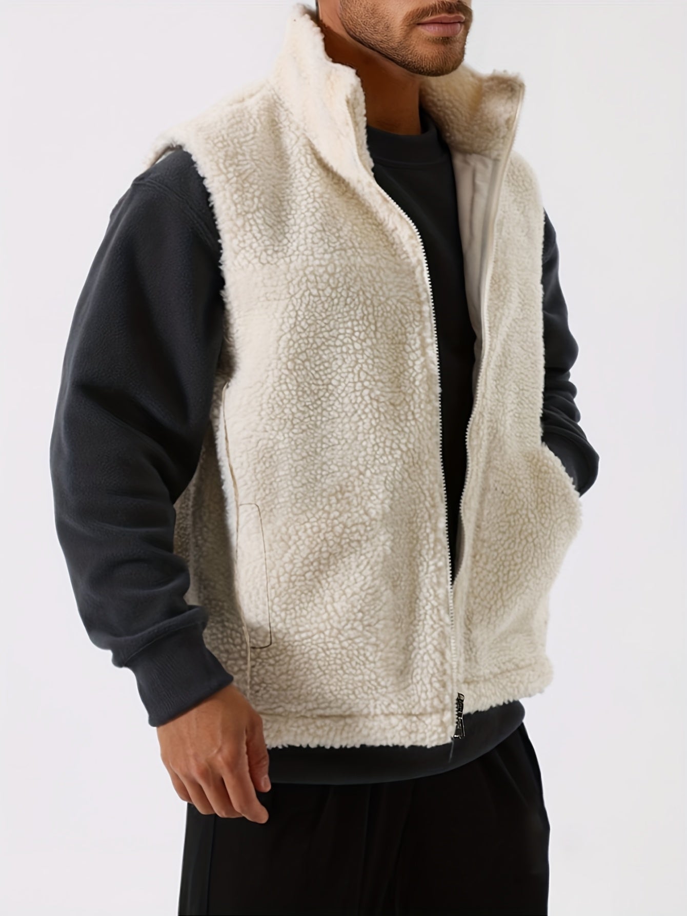 Men's Winter Outdoor Thickened Sleeveless Vest - Fleece-Lined Stand Collar Solid Color with Pockets, Machine Washable for Hiking &amp; Casual Wear