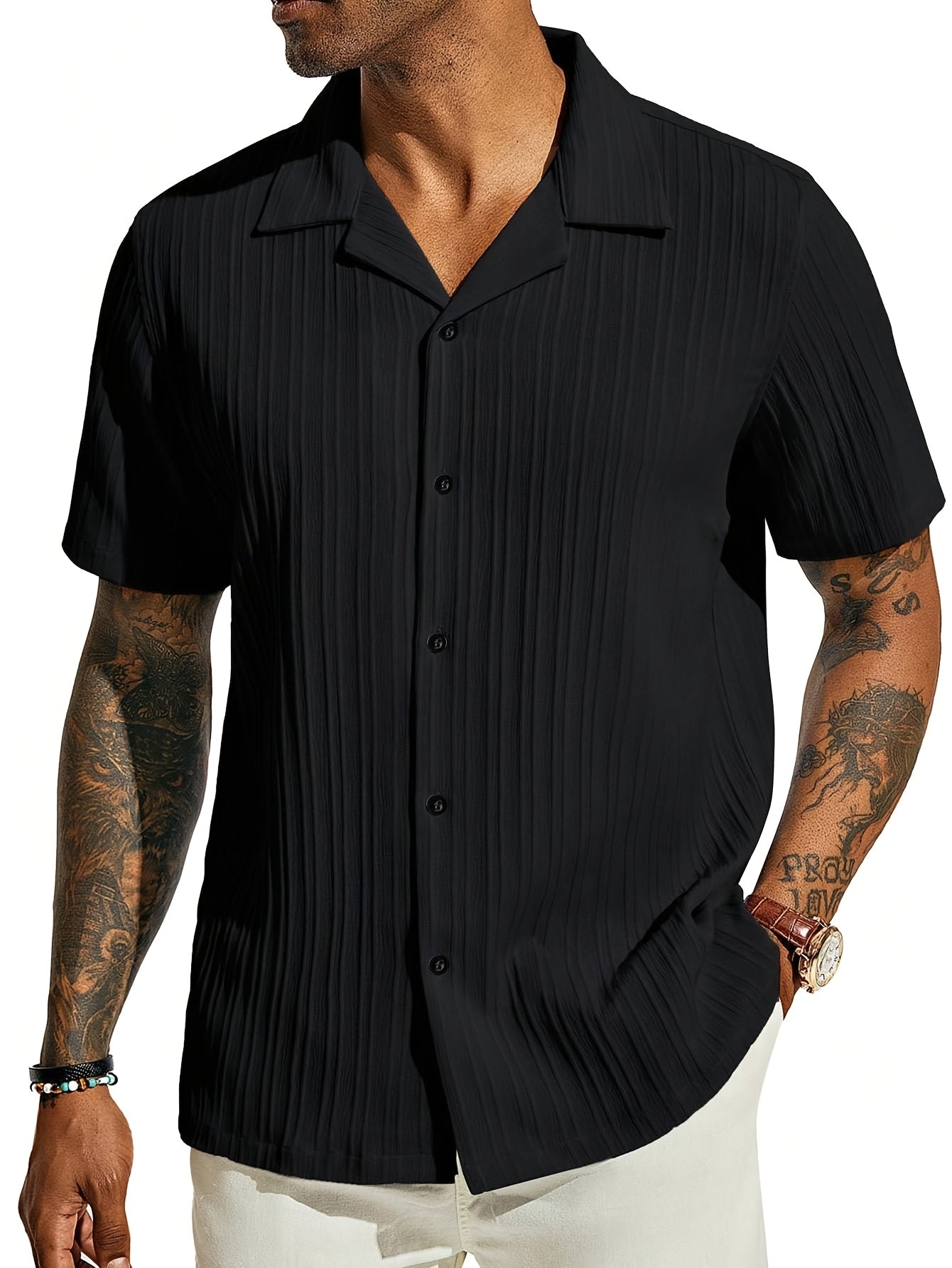 Men'S Textured Short Sleeve Beach Shirt - Casual Summer Cuban Style with Button-Up Front, Dark Blue, Lightweight Polyester Fabric, Perfect for Camping &amp; Vacation, Camping Accessorie