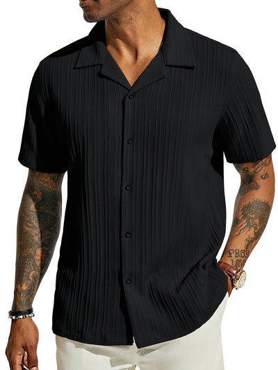 Men'S Textured Short Sleeve Beach Shirt - Casual Summer Cuban Style with Button-Up Front, Dark Blue, Lightweight Polyester Fabric, Perfect for Camping &amp; Vacation, Camping Accessorie