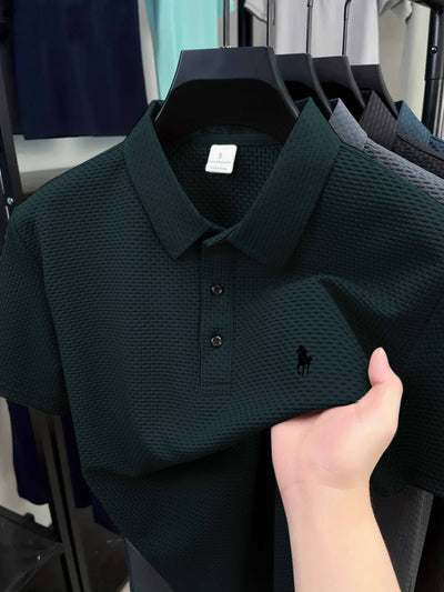 Men'S Casual Golf Shirt with Geometric Print, Lightweight Knit Fabric, Regular Fit, Short Sleeve, Button-Up Collar, Summer Wear, Golf Shirt