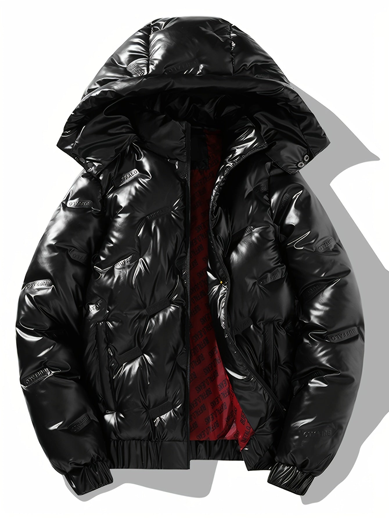 Men'S Black &amp; Golden Glossy Clothes with Detachable Hood - Casual Zip-Up Coat, Polyester, Regular Fit, Pockets, Hats for Men
