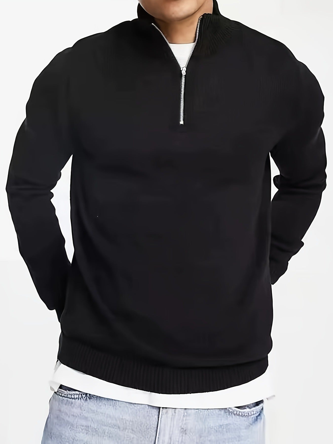 1pc Men's Casual Short Sleeve Knit Sweater - Solid Black Round Neck Half-Zip Pullover, Regular Fit Autumn Winter Layering Essential, Hand Wash Only
