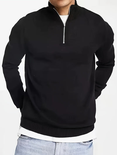 1pc Men's Casual Short Sleeve Knit Sweater - Solid Black Round Neck Half-Zip Pullover, Regular Fit Autumn Winter Layering Essential, Hand Wash Only
