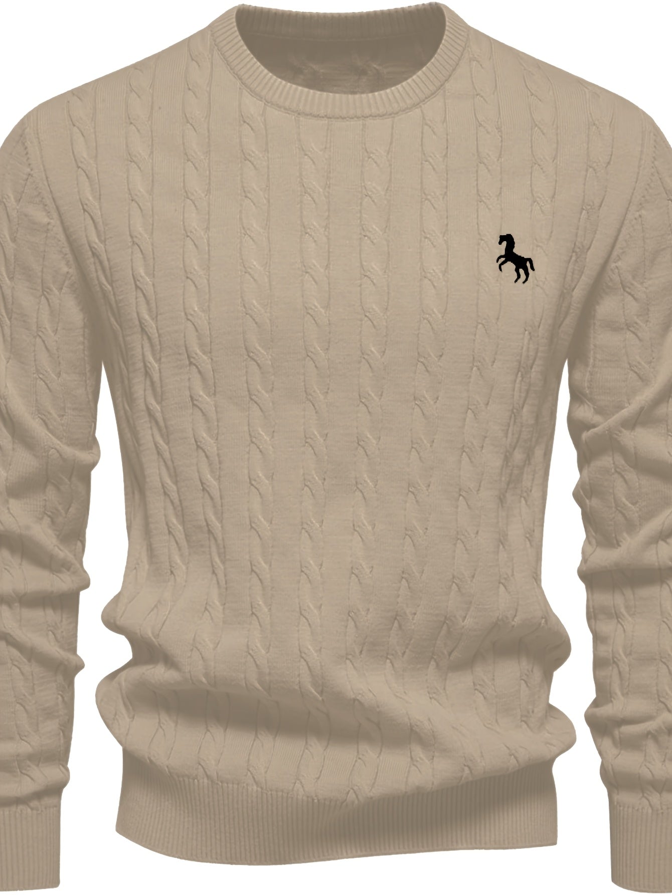 Men's Casual Cable-Knit Sweater with Black Horse Embroidery - Beige Round Neck Pullover, Medium Stretch, Regular Fit for Autumn/Winter, Knit Sweater, Winter Pullover, Simple Elegant Design, Comfortable Texture, Detail