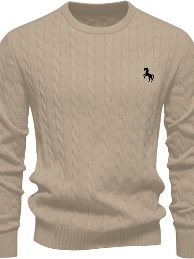 Men's Casual Cable-Knit Sweater with Black Horse Embroidery - Beige Round Neck Pullover, Medium Stretch, Regular Fit for Autumn/Winter, Knit Sweater, Winter Pullover, Simple Elegant Design, Comfortable Texture, Detail