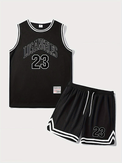 2-piece Men's LOS ANGELES Digital Print Outfit Set, Men's Breathable Sleeveless Basketball Tank Top &amp; Striped Drawstring Shorts With Pockets, Summer Outdoor