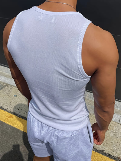 Men's Slim Fit Athletic Tank Top - Breathable, Stretchy Ribbed Polyester Sports Vest for Gym &amp; Running, Machine Washable, Round Neck, Summer Essential, Gym Clothes