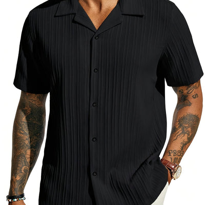 Men'S Textured Short Sleeve Beach Shirt - Casual Summer Cuban Style with Button-Up Front, Dark Blue, Lightweight Polyester Fabric, Perfect for Camping &amp; Vacation, Camping Accessorie