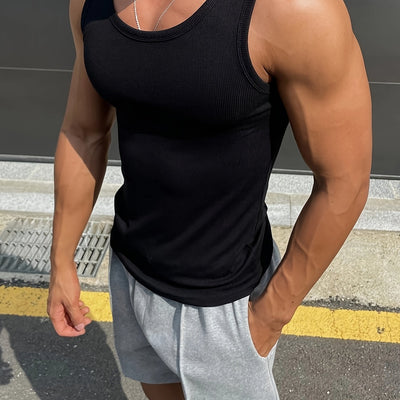 Men's Slim Fit Athletic Tank Top - Breathable, Stretchy Ribbed Polyester Sports Vest for Gym &amp; Running, Machine Washable, Round Neck, Summer Essential, Gym Clothes