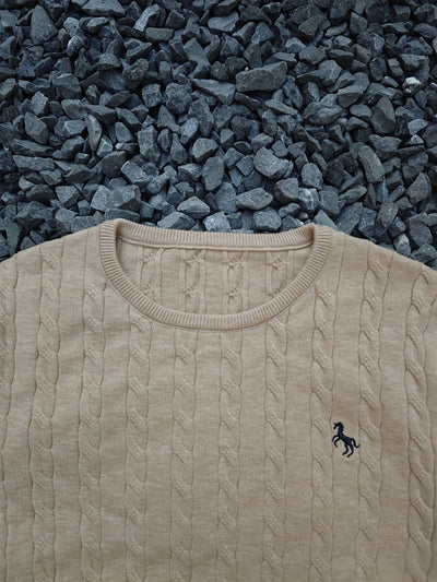 Men's Casual Cable-Knit Sweater with Black Horse Embroidery - Beige Round Neck Pullover, Medium Stretch, Regular Fit for Autumn/Winter, Knit Sweater, Winter Pullover, Simple Elegant Design, Comfortable Texture, Detail