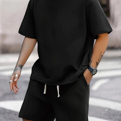 MY-TZ2025 Men's Casual Fashionable Suit: Simple Textured Short Sleeve T-shirt and Shorts, Show Personality and Comfort