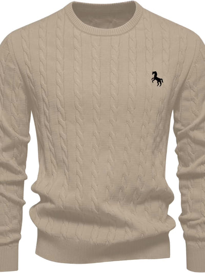 Men's Casual Cable-Knit Sweater with Black Horse Embroidery - Beige Round Neck Pullover, Medium Stretch, Regular Fit for Autumn/Winter, Knit Sweater, Winter Pullover, Simple Elegant Design, Comfortable Texture, Detail