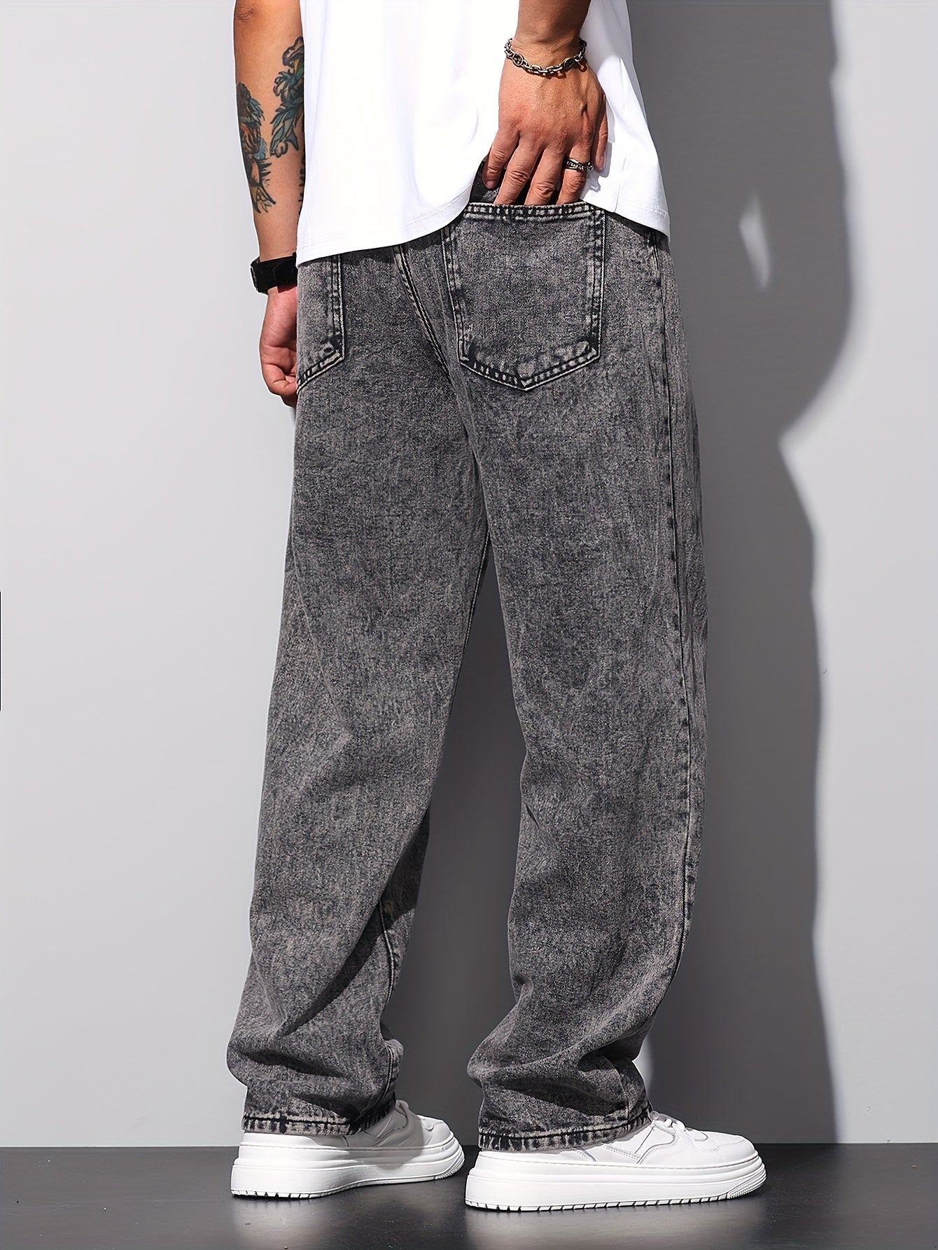 1pc American High Street Loose Jeans, Vintage Snowflake Washed Wide Leg Pants, Unisex Without Belt/Without Hanging