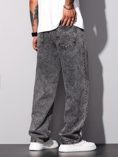 1pc American High Street Loose Jeans, Vintage Snowflake Washed Wide Leg Pants, Unisex Without Belt/Without Hanging