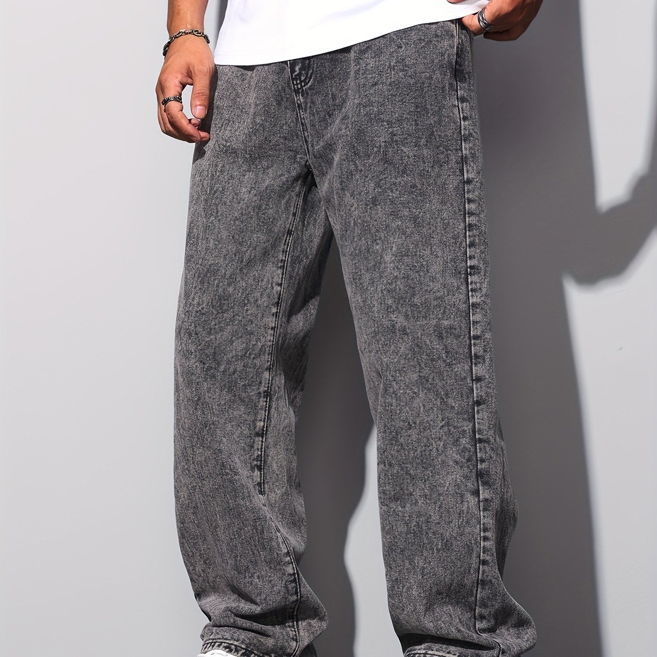 1pc American High Street Loose Jeans, Vintage Snowflake Washed Wide Leg Pants, Unisex Without Belt/Without Hanging