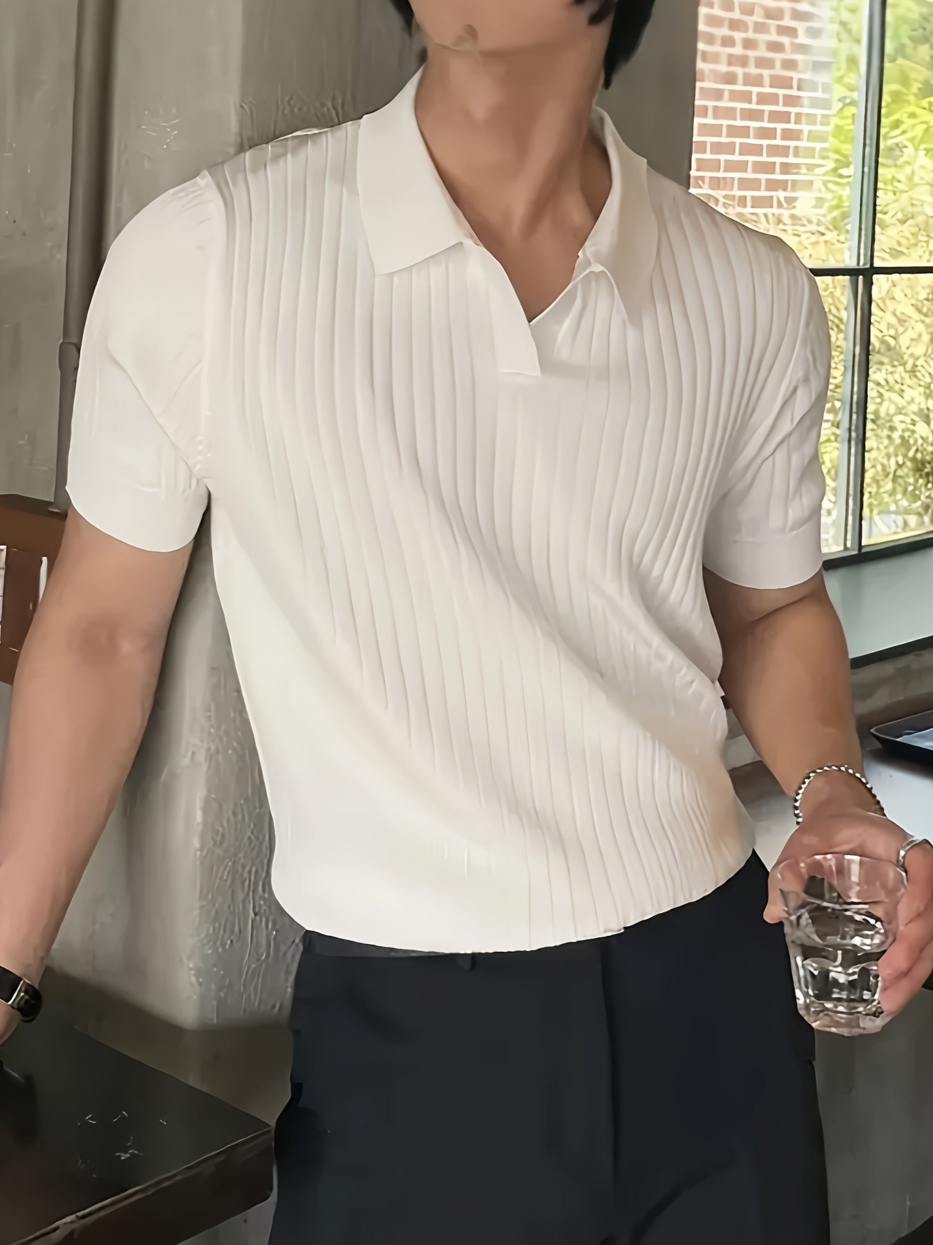 Men'S Classic Ribbed Knit Polo Shirt - Casual Summer Short Sleeve, Solid Color, Regular Fit with Collar, Lightweight Viscose Fabric for Casual Attire, Breathable Shirt | Classic polo design | Knitted Texture