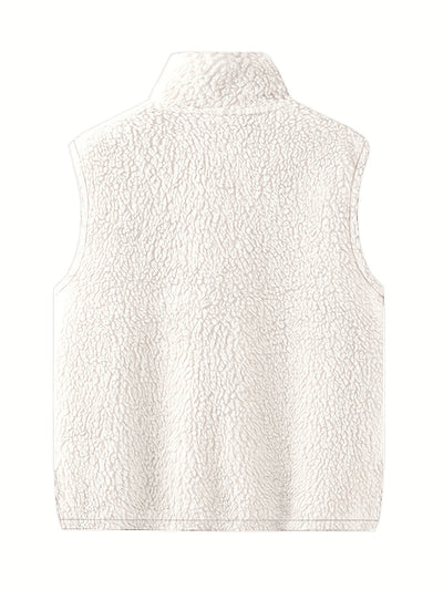 Men's Winter Outdoor Thickened Sleeveless Vest - Fleece-Lined Stand Collar Solid Color with Pockets, Machine Washable for Hiking &amp; Casual Wear
