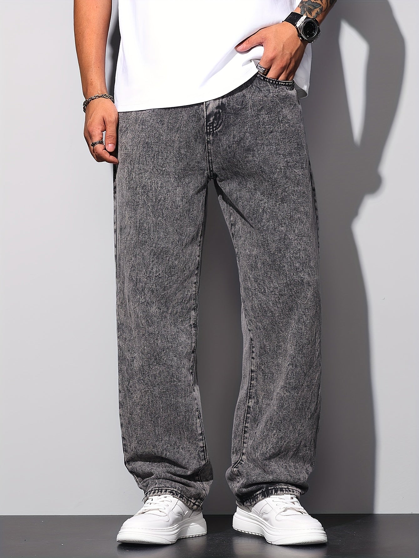 1pc American High Street Loose Jeans, Vintage Snowflake Washed Wide Leg Pants, Unisex Without Belt/Without Hanging