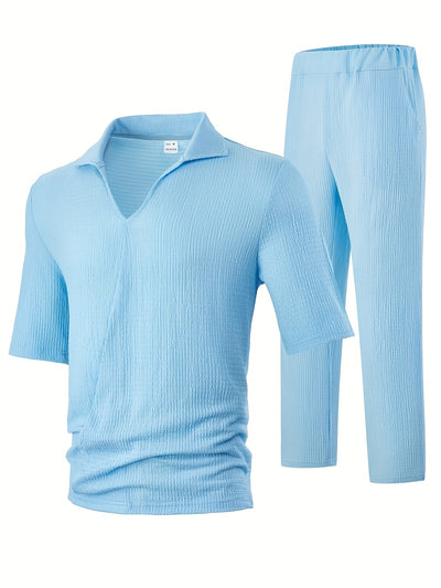 Men'S Casual Summer Polyester T-Shirt and Pants Set - Light Blue, V-Neck Tee with Short Sleeves &amp; Matching Pants, Casual Attire|Vneck Casualwear|Stretchy Fabric