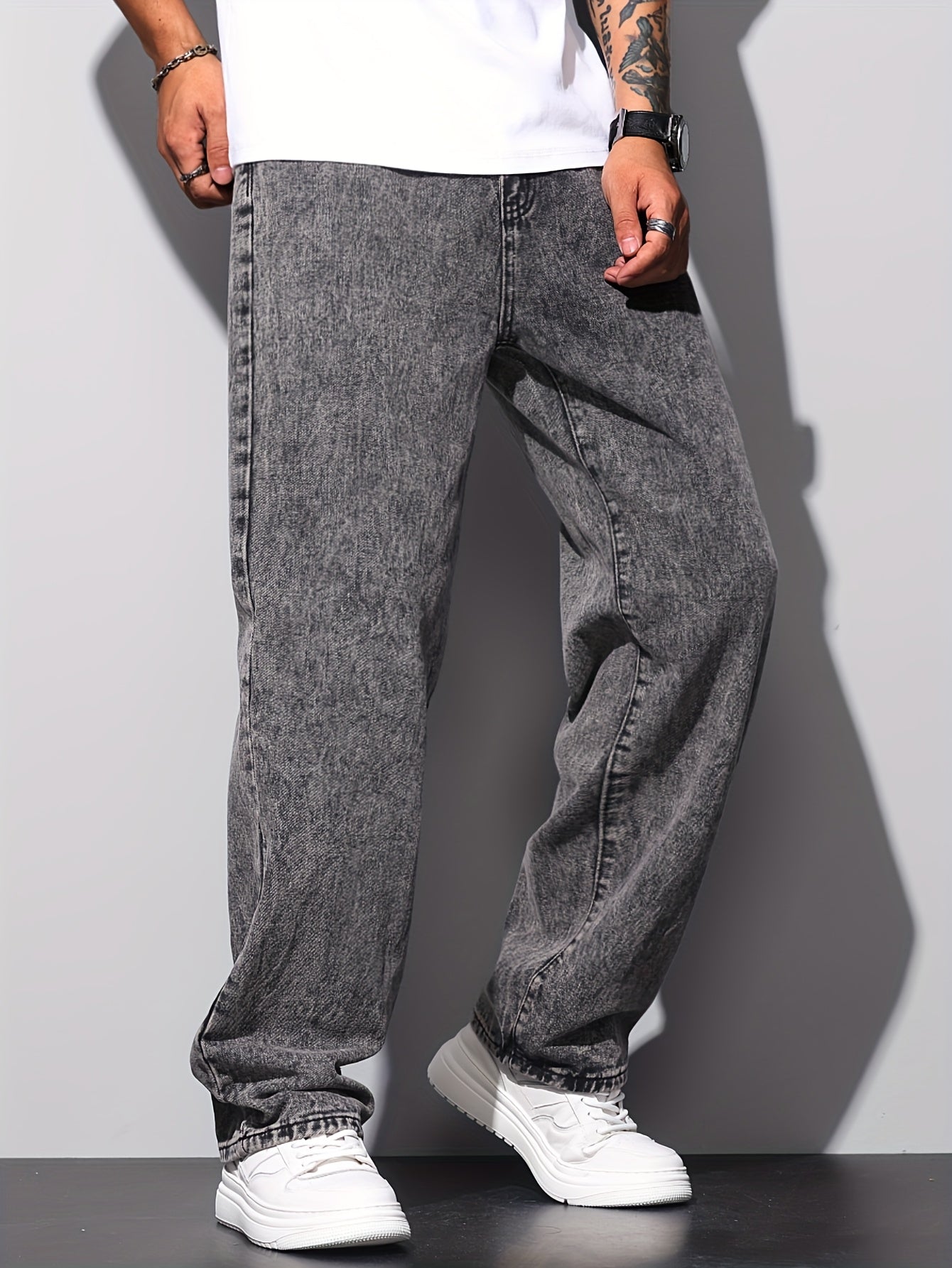 1pc American High Street Loose Jeans, Vintage Snowflake Washed Wide Leg Pants, Unisex Without Belt/Without Hanging