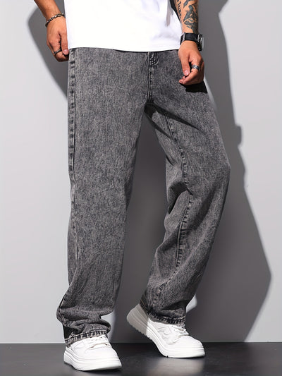 1pc American High Street Loose Jeans, Vintage Snowflake Washed Wide Leg Pants, Unisex Without Belt/Without Hanging