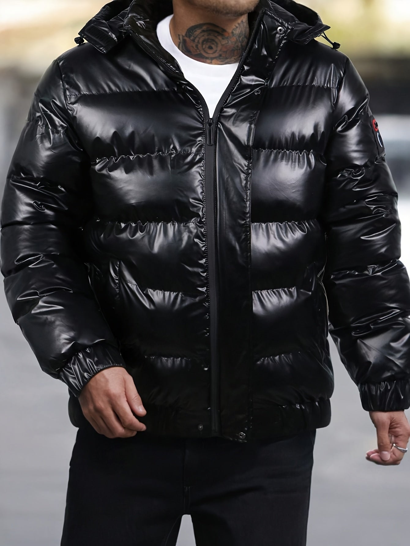 Men's Glossy Black Winter Hooded Jacket - Thermal Insulated Polyester Coat with Elastic Cuffs, Multiple Pockets &amp; Regular Fit for Cold Weather, Winter Jacket