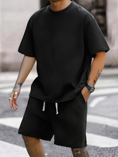 MY-TZ2025 Men's Casual Fashionable Suit: Simple Textured Short Sleeve T-shirt and Shorts, Show Personality and Comfort
