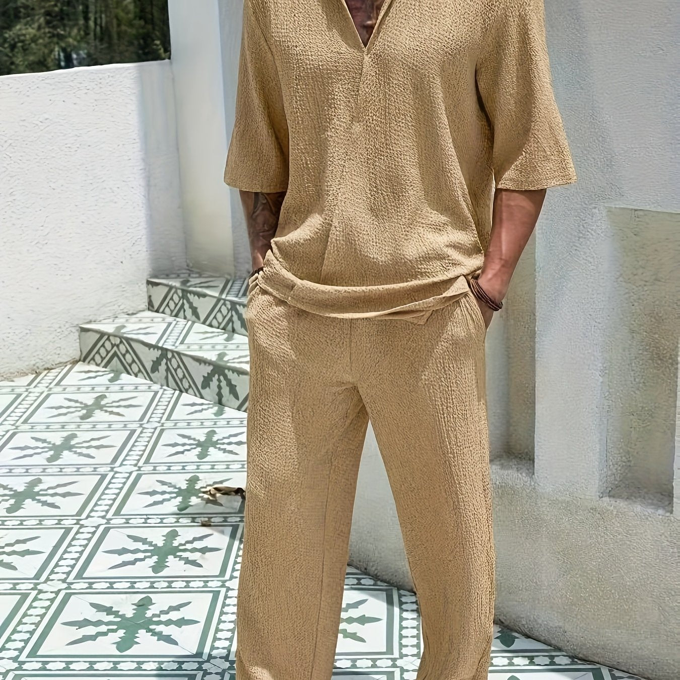 Men'S Casual Summer Polyester T-Shirt and Pants Set - Light Blue, V-Neck Tee with Short Sleeves &amp; Matching Pants, Casual Attire|Vneck Casualwear|Stretchy Fabric