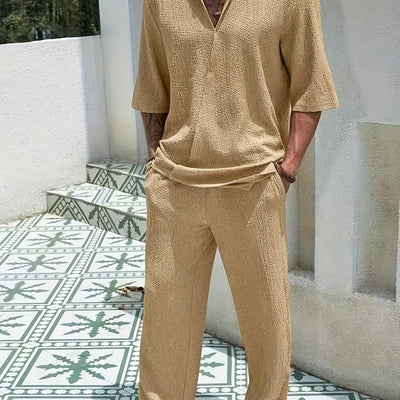 Men'S Casual Summer Polyester T-Shirt and Pants Set - Light Blue, V-Neck Tee with Short Sleeves &amp; Matching Pants, Casual Attire|Vneck Casualwear|Stretchy Fabric