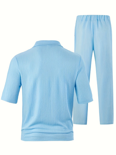 Men'S Casual Summer Polyester T-Shirt and Pants Set - Light Blue, V-Neck Tee with Short Sleeves &amp; Matching Pants, Casual Attire|Vneck Casualwear|Stretchy Fabric