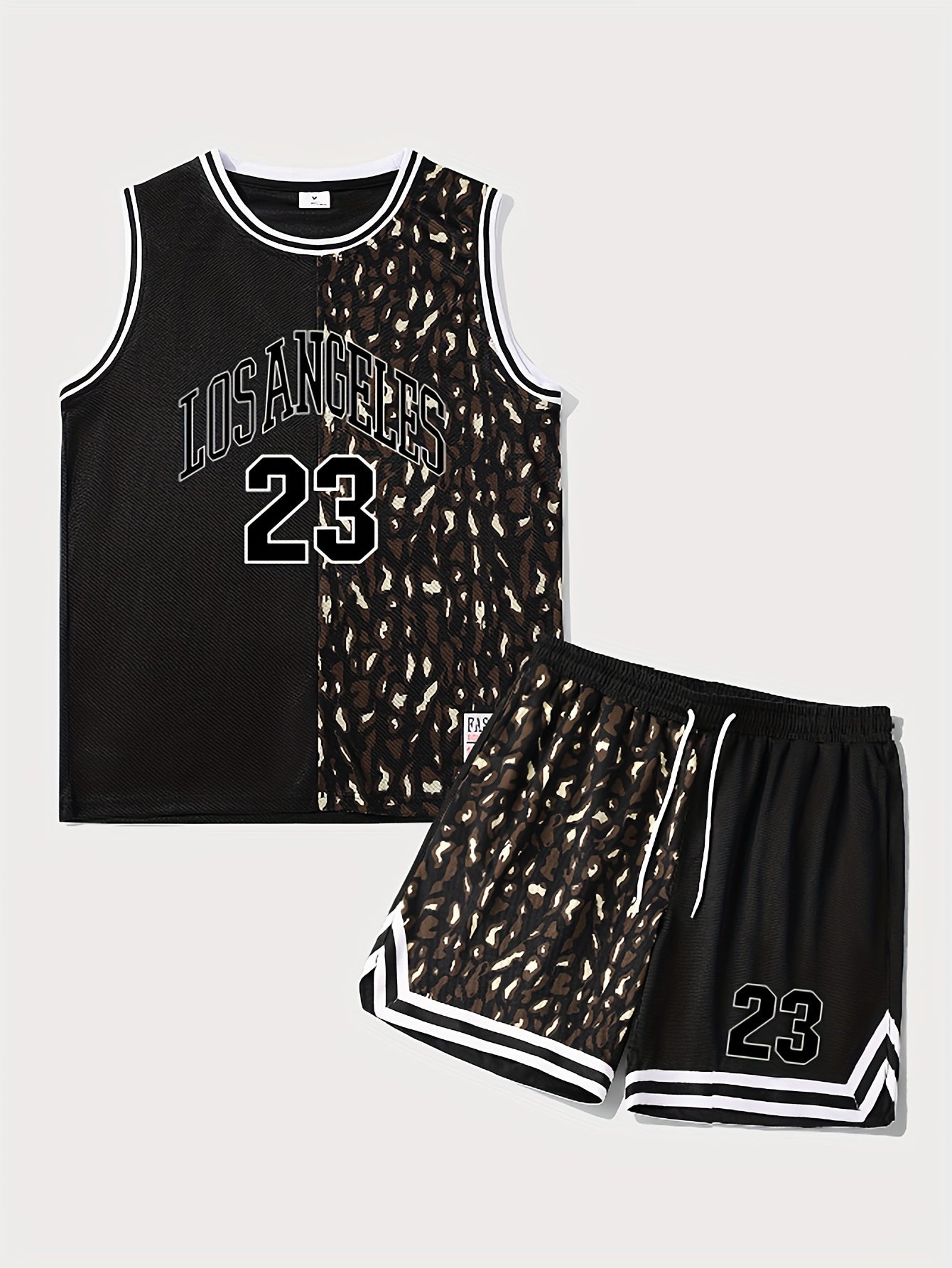 2-piece Men's LOS ANGELES Digital Print Outfit Set, Men's Breathable Sleeveless Basketball Tank Top &amp; Striped Drawstring Shorts With Pockets, Summer Outdoor