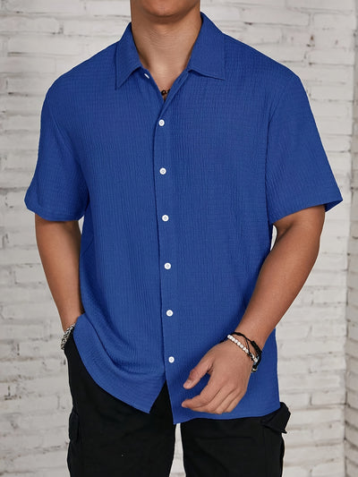 Men's Classic Solid Black Casual Button-Up Shirt - Lightweight Polyester, Easy Care, Short Sleeve with Collar for Spring/Summer