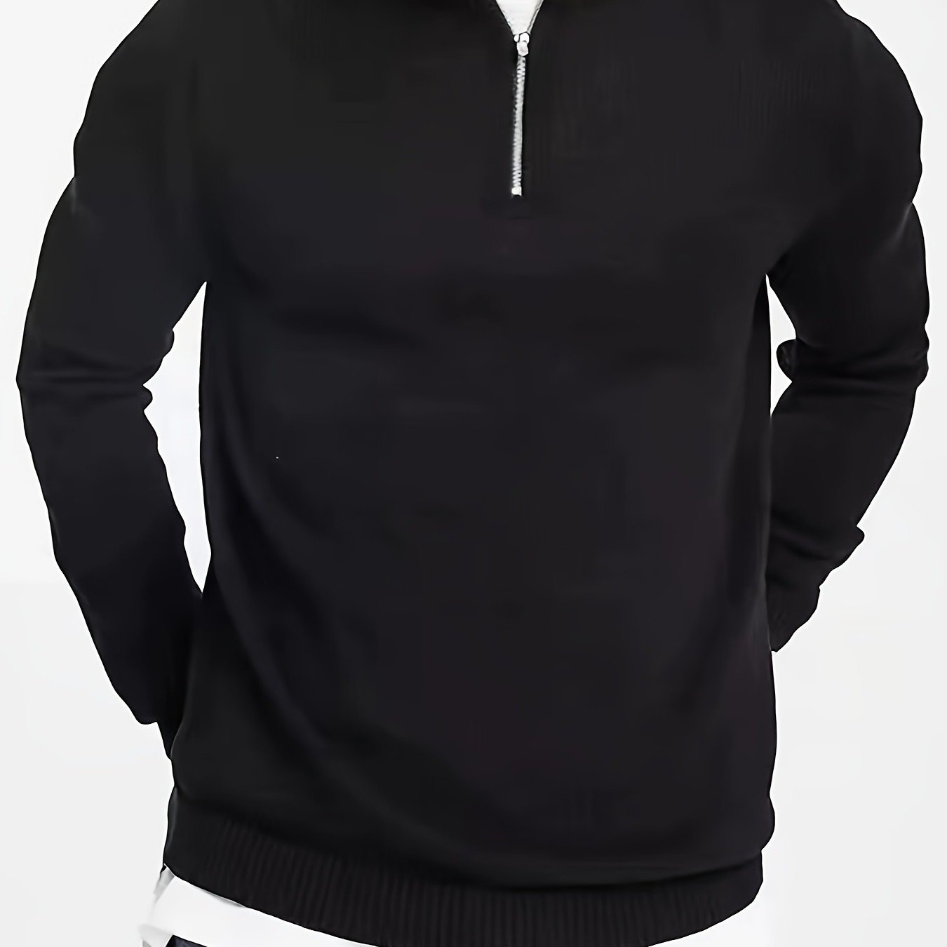 1pc Men's Casual Short Sleeve Knit Sweater - Solid Black Round Neck Half-Zip Pullover, Regular Fit Autumn Winter Layering Essential, Hand Wash Only