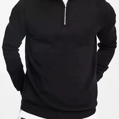 1pc Men's Casual Short Sleeve Knit Sweater - Solid Black Round Neck Half-Zip Pullover, Regular Fit Autumn Winter Layering Essential, Hand Wash Only