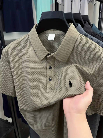 Men'S Casual Golf Shirt with Geometric Print, Lightweight Knit Fabric, Regular Fit, Short Sleeve, Button-Up Collar, Summer Wear, Golf Shirt