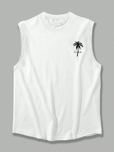 Men's Breathable Summer Sleeveless Shirt with Palm Tree Print - Lightweight Polyester, Regular Fit, Round Neck, Machine Washable, Casual Beach Style, Summer Casual Wear | Relaxed fit shirt | Stretchable material, shirts for